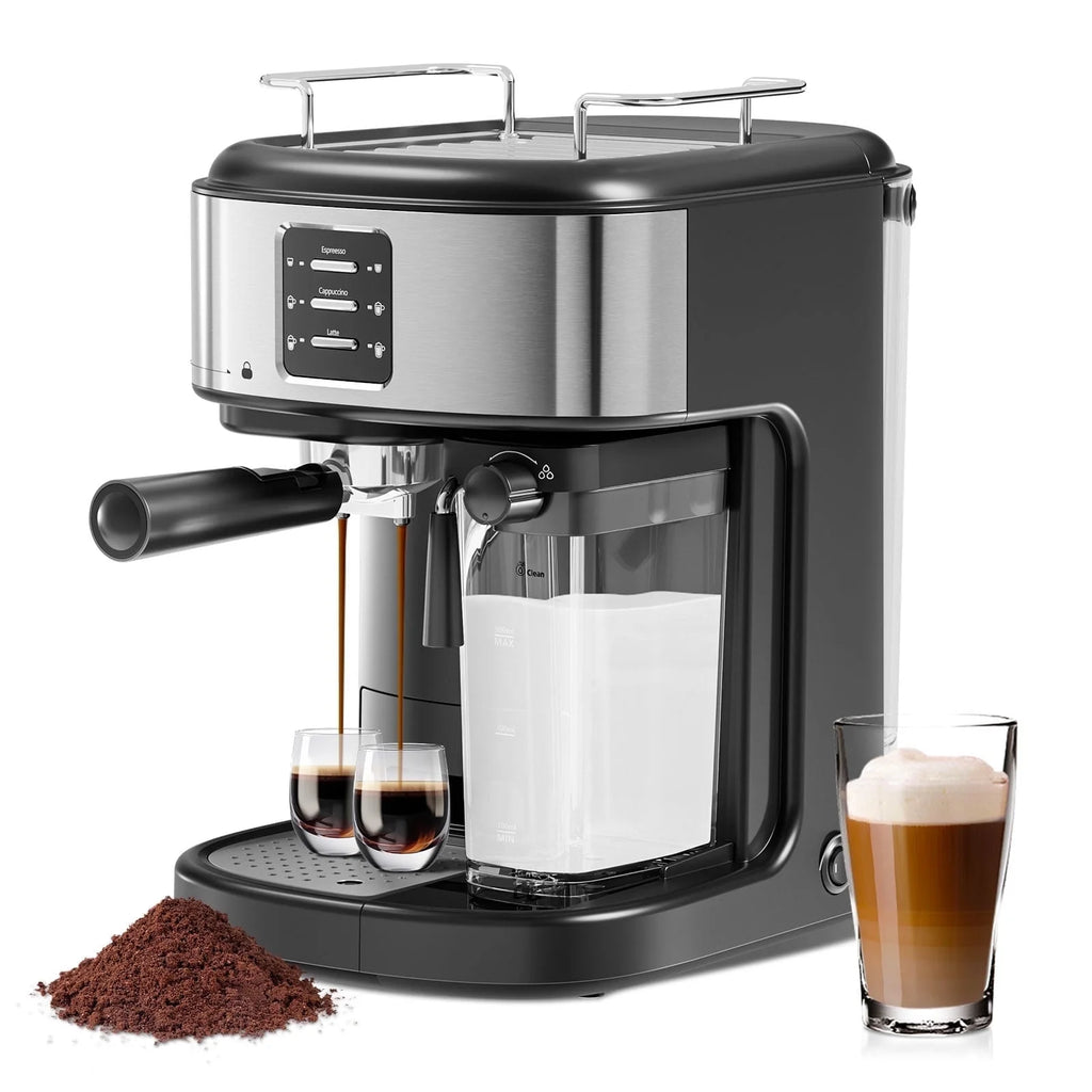 Auseo 20 Bar Espresso Machines, Espresso Coffee Maker with Milk Frother Steam Wand, Ground Coffee & Capsules, Black and Stainless Finish, Espresso/Cappuccino/Latte/Mocha for Home