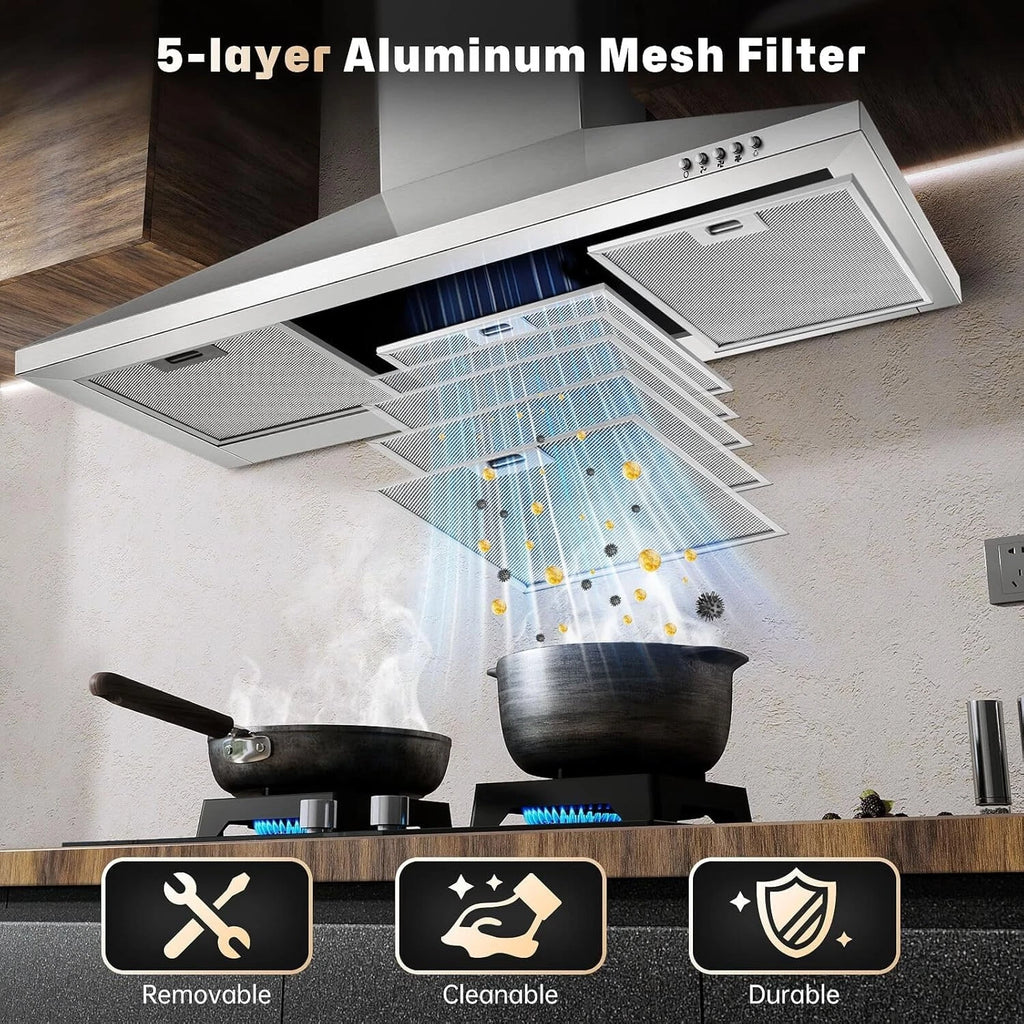 36 Inch Range Hood 450CFM Wall Mount Stainless Steel Kitchen Vent Hood Fan 3 Speed LED Light Chimney Hood Retractable
