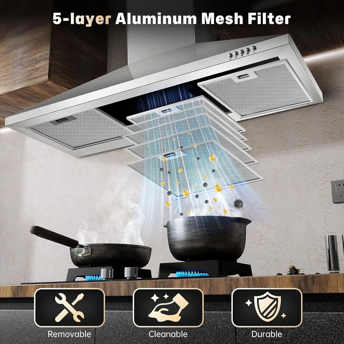 36 Inch Range Hood 450CFM Wall Mount Stainless Steel Kitchen Vent Hood Fan 3 Speed LED Light Chimney Hood Retractable