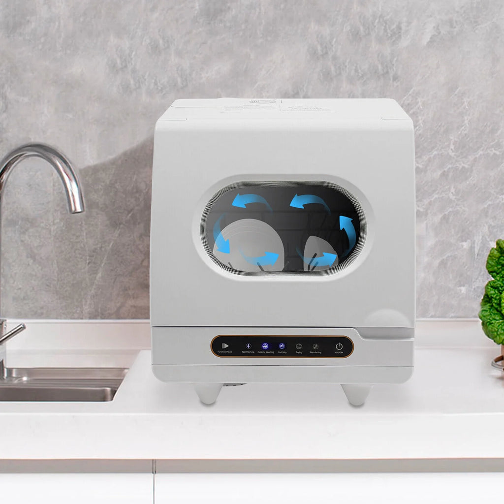 Portable Countertop Dishwasher 5 Washing Programs with Water Tank Leak-Proof Dry 360° Rotation Flushing, Uitable for Homes Kitchen Apartments Dormitories Campers