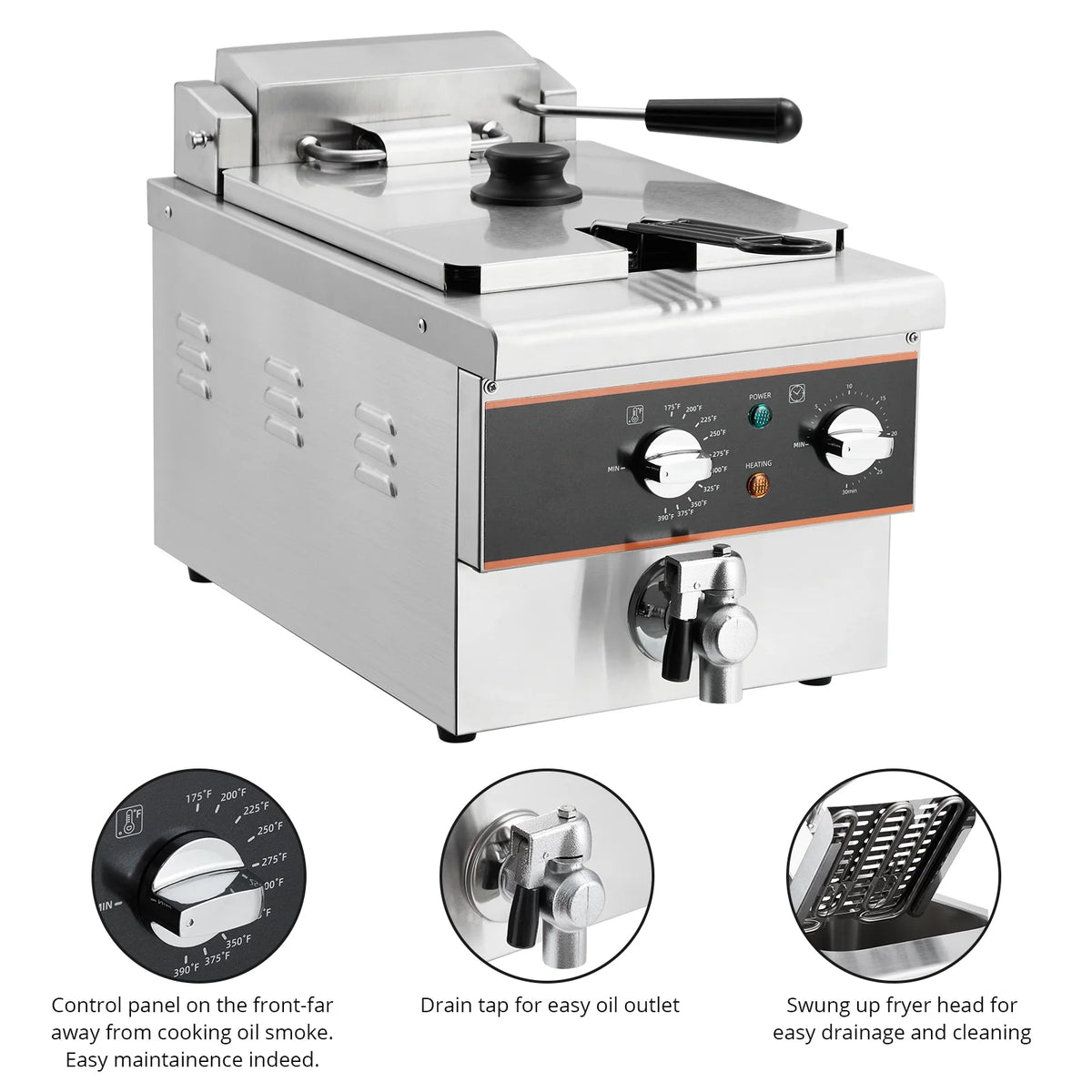 Aoile 6.3 Qt Commercial Electric Deep Fryer with Basket, Timer & Drain, Countertop Oil Fryer in Stainless Steel