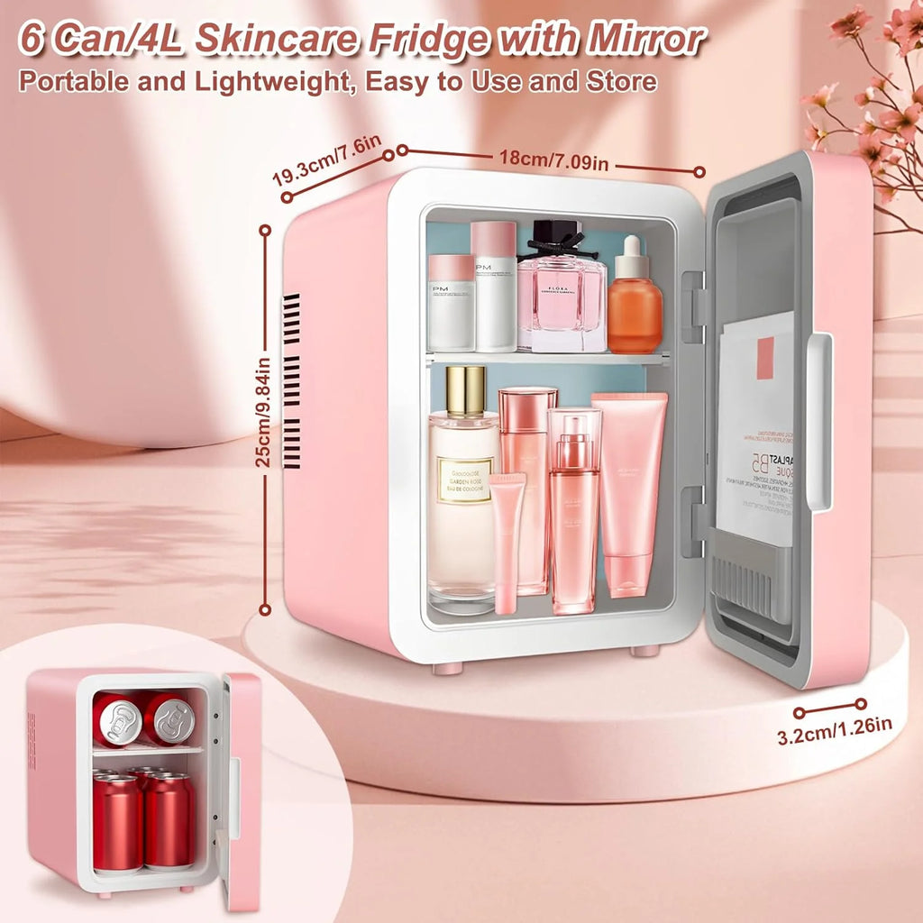 Mini Fridge for Bedroom, Skincare Fridge With Dimmable LED Light Mirror,4L Makeup Mini Fridge,Cooler & Warmer,Compact Small Refrigerator,for Bedroom, Car,For Cosmetics, Skincare And Food,Pink
