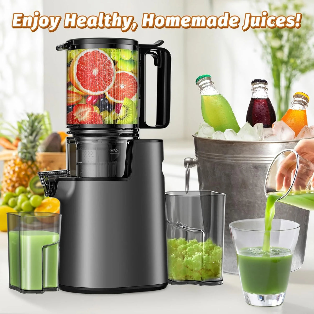 YPONE Cold Press Juicer, Masticating Juicer with 5.4" Wide Feed Chute, 350w Slow Juicer Machines Fit Whole Vegetables and Fruits,Juice Extractor Machine with High Juice Yield, Easy to Clean(Black)