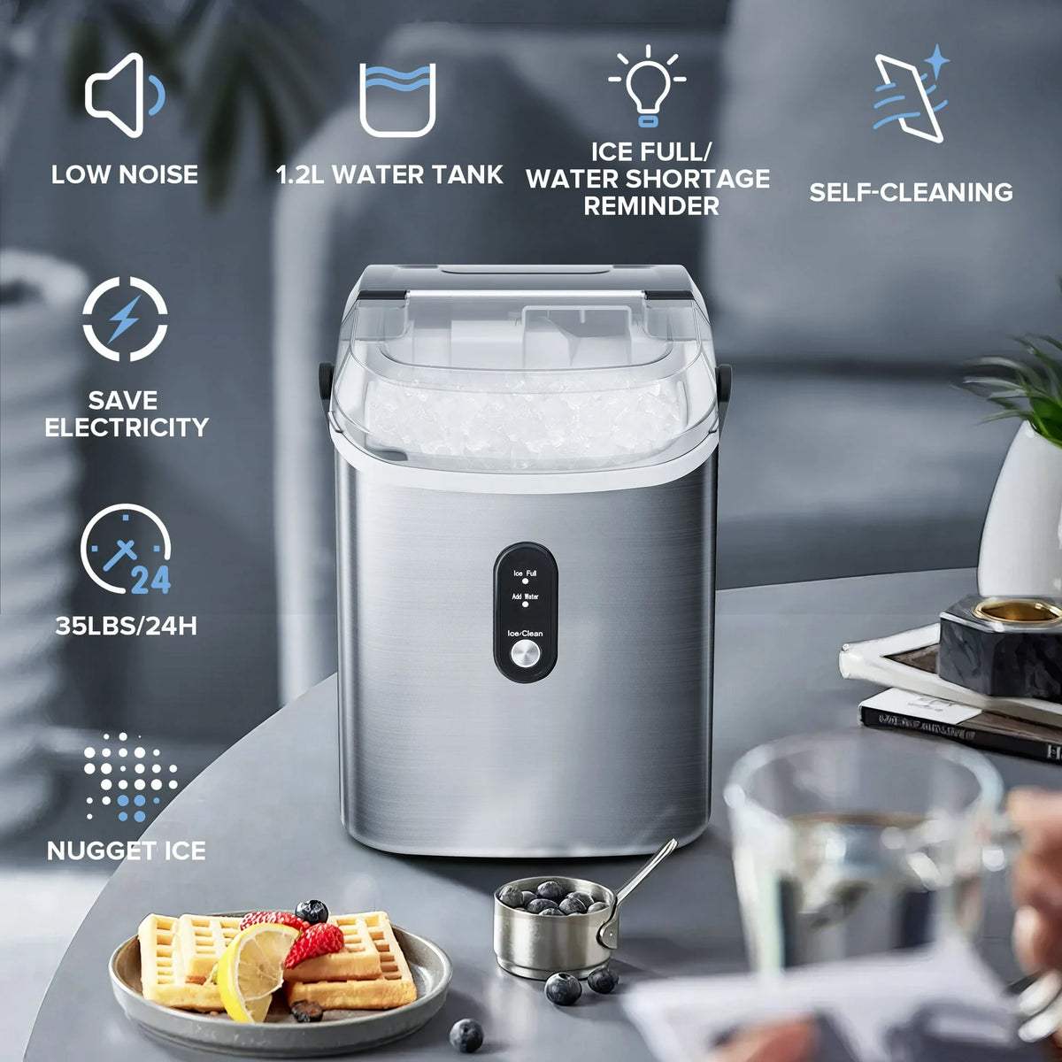 Auseo SS Nugget Countertop Ice Maker with Soft Chewable Ice, 35Lbs/24H, Self-Cleaning, Ice Scoop, Stainless Steel Silver, for Kitchen/Office/Party