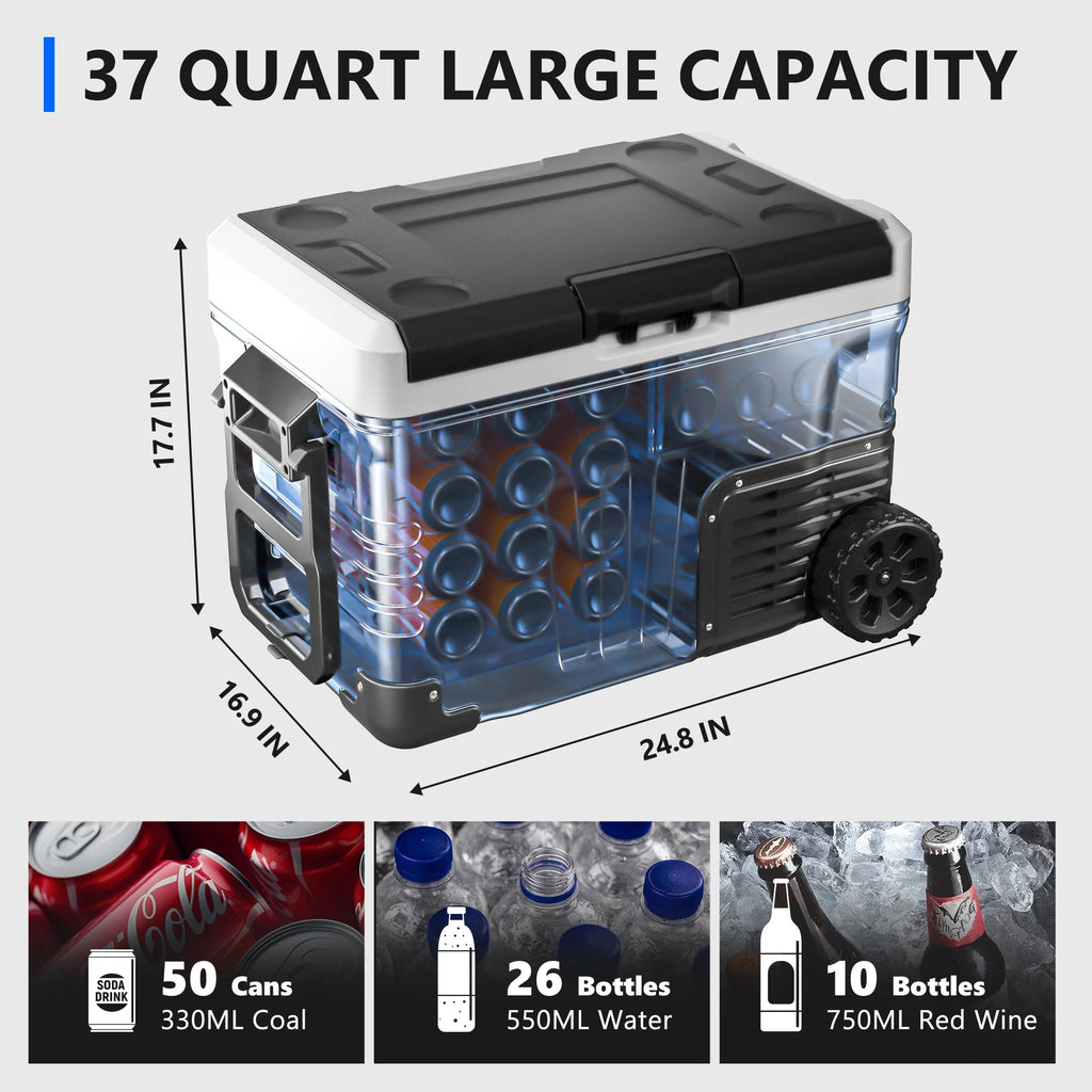 Simzlife 12V Car Refrigerator, 37QT Electric Cooler DC/AC, -4�H~68�H, RV Freezer Fridge Cooler with Wheels & 2 Baskets