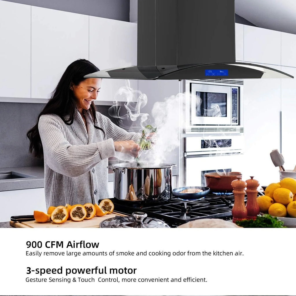 Joeaonz 30-Inch Island Range Hood 900CFM Stainless Steel with Glass Touch Control and Permanent Reusable Filters