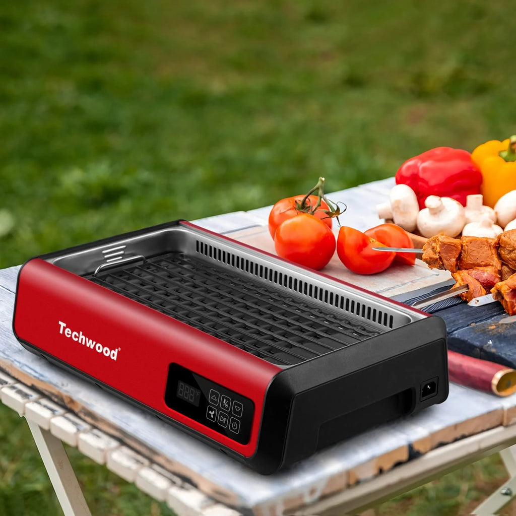 Techwood Indoor Smokeless Grill, 1500W, Black, Electric Portable Korean BBQ Grill with Tempered Glass Lid