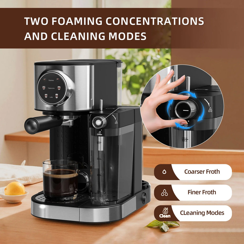 Auseo 20 Bar Espresso Machines, Espresso Coffee Maker with Milk Frother Steam Wand, Ground Coffee & Capsules, Black and Stainless Finish, Espresso/Cappuccino/Latte/Mocha for Home