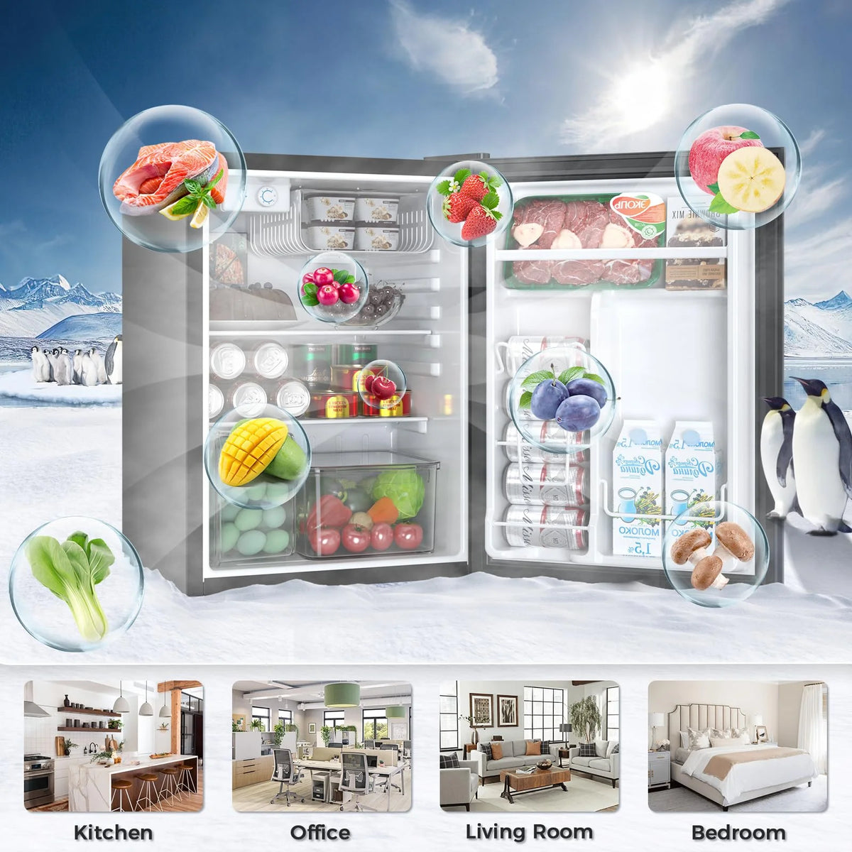 FREE VILLAGE 2.56 Cu.Ft. Mini Fridge with Freezer, Small Refrigerators with Adjustable Thermostat, Low Noise, Energy Saving, Compact Refrigerators for College Dorm, Office, Bedroom, Apartment, Black