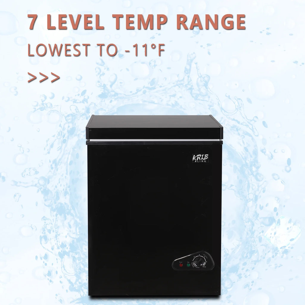 Krib B 3.5 Cu.Ft Chest Freezer with 7 Gears Temperature Adjustment, Deep Compact Freezer with a Removable Basket, Suitable for Kitchen, Garage, Basement, Black