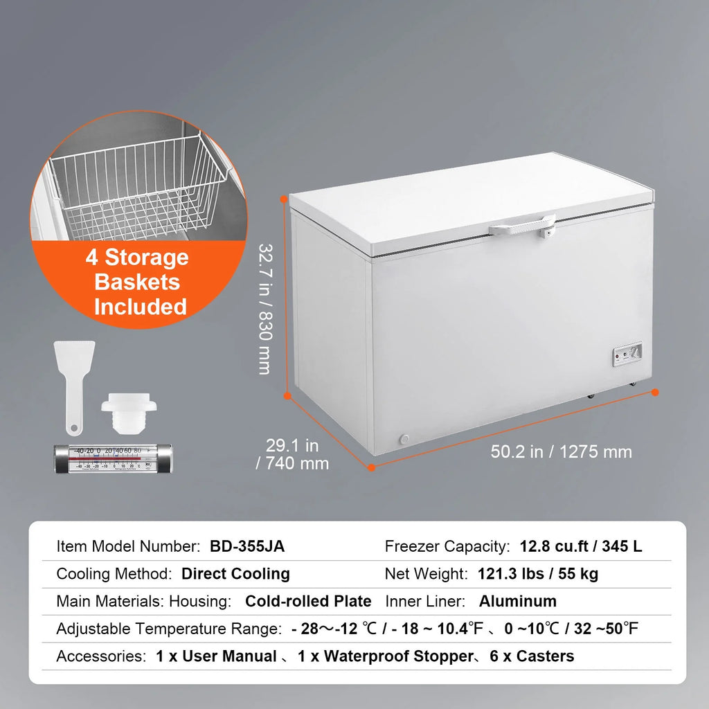 KFFKFF 12.8 Cu.ft / 345L Small Top-Open Chest Freezer 7-Speed?Temperature Control Removable Storage Basket, Freestanding 4 Detachable Baskets, 6 Casters