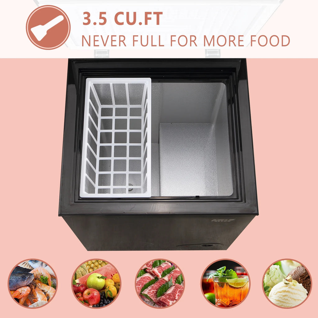 Krib B 3.5 Cu.Ft Chest Freezer with 7 Gears Temperature Adjustment, Deep Compact Freezer with a Removable Basket, Suitable for Kitchen, Garage, Basement, Black