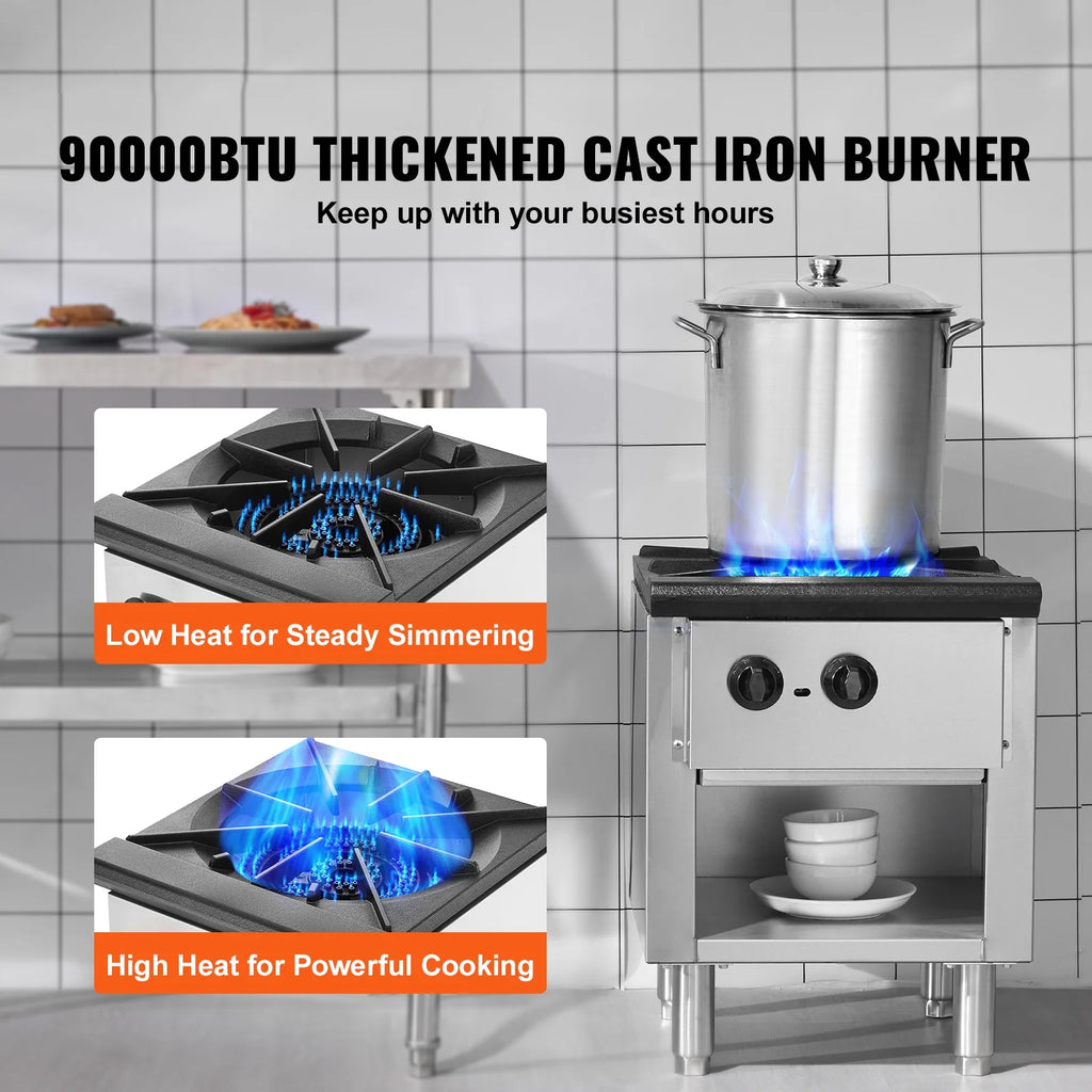 KFFKFF Gas Range for Commercial Kitchens, Dual Fuel Support with Propane & Natural Gas, Stainless Steel Countertop Burner, 90,000 BTU, Includes Storage Cabinet, Ideal for Restaurants
