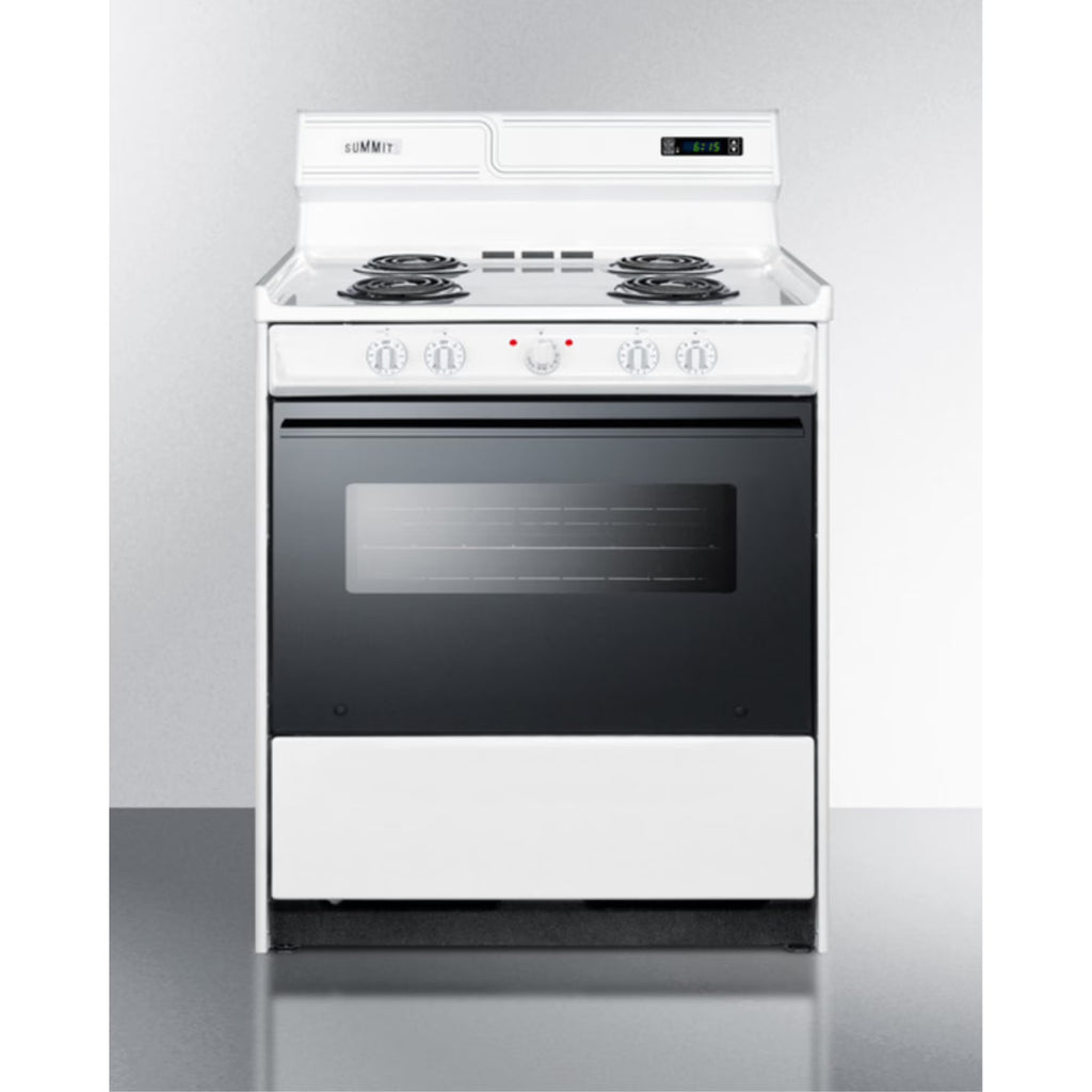 30" wide electric coil top range in white with black door, oven window, and high backguard