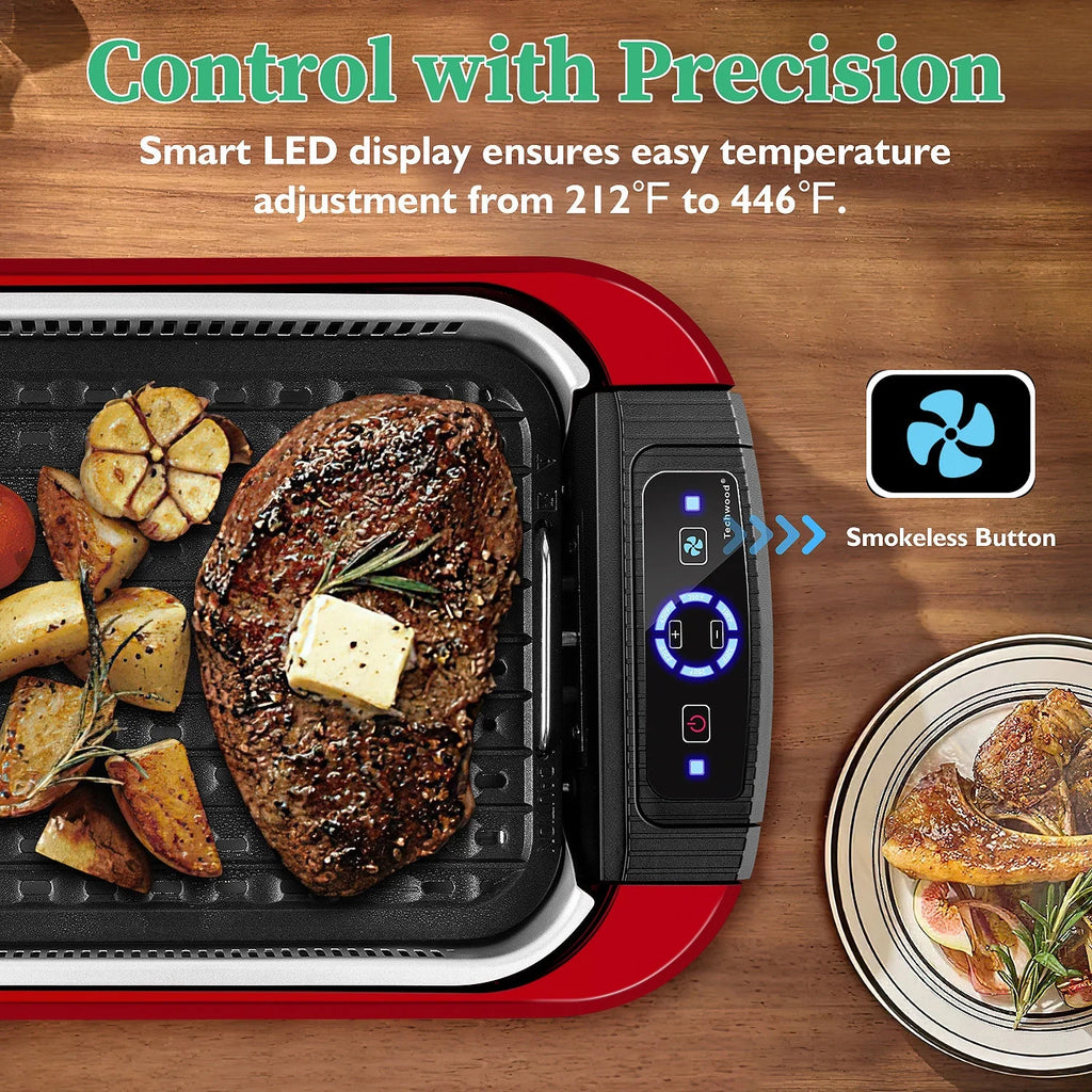 Techwood Indoor Smokeless Grill, 1500W, Black, Electric Portable Korean BBQ Grill with Tempered Glass Lid