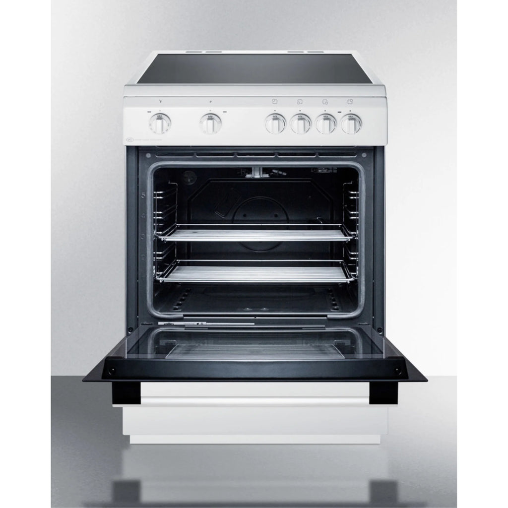 24" wide smooth top electric range in slide-in style and white finish, with storage drawer and large oven window in black glass