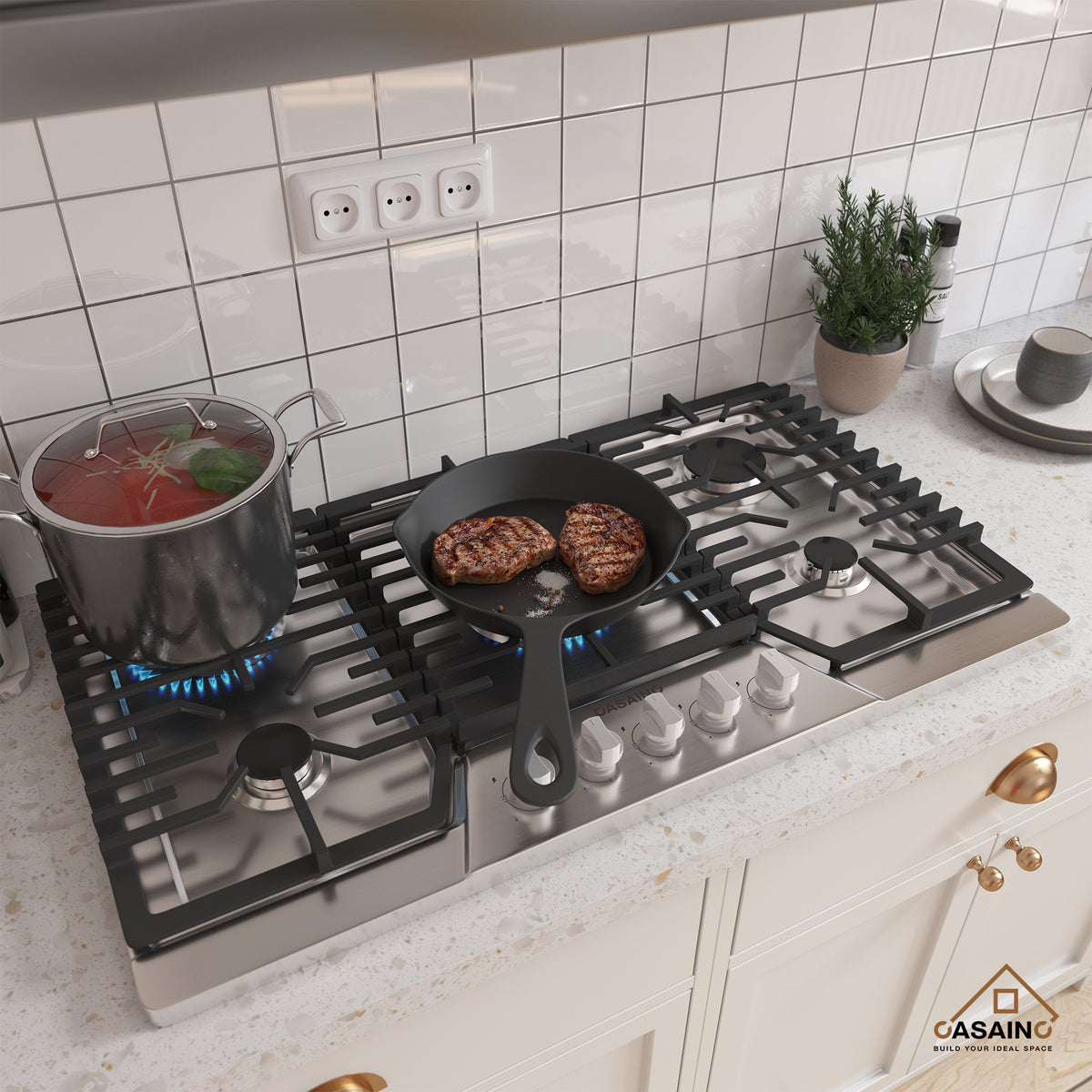 CASAINC 36" Recessed Natural Gas Cooktop with 5 Burners and Liquid Propane Conversion Kit, Stainless Steel