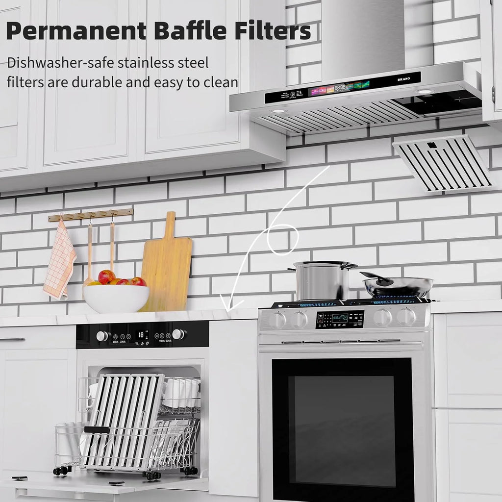 BRANO 30 Inch Wall Mount Range Hood Stainless Steel 900 CFM with Voice/Gesture/Touch Control, 4 Speed Exhaust Fan