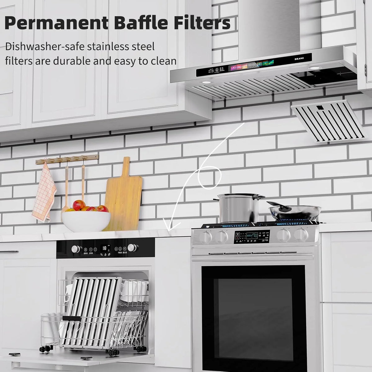 BRANO 30 Inch Wall Mount Range Hood Stainless Steel 900 CFM with Voice/Gesture/Touch Control, 4 Speed Exhaust Fan
