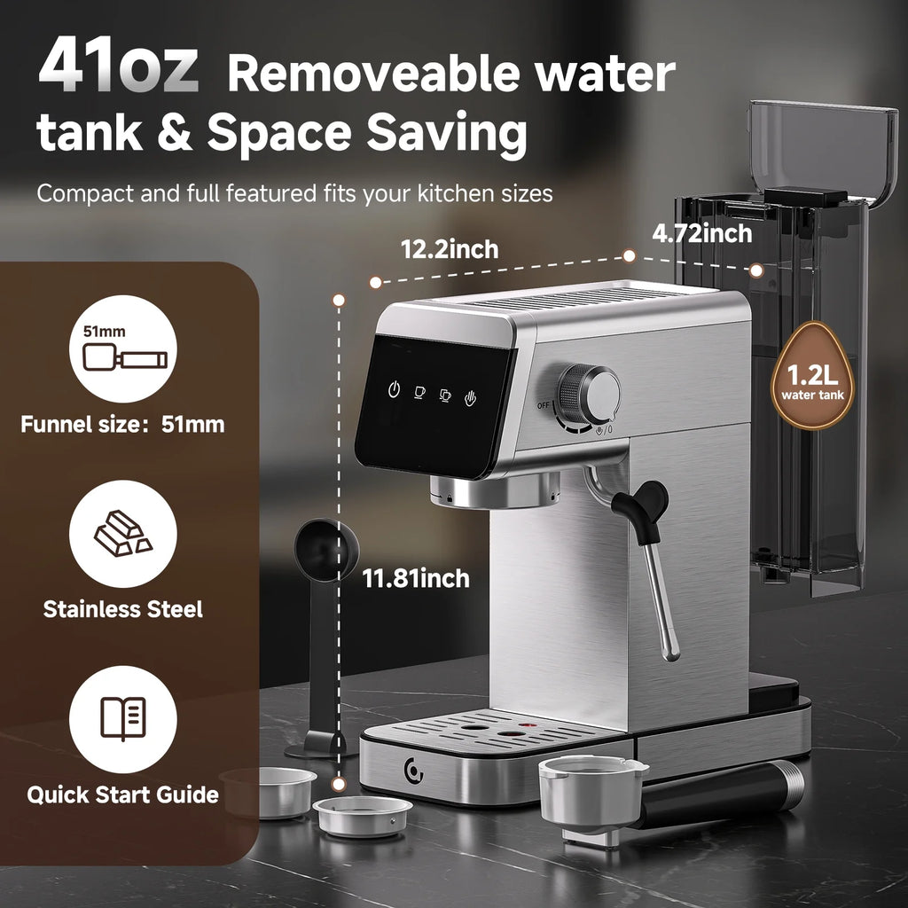 Sunmaki Espresso Machine 20 Bar Stainless Steel Coffee Machines with LED Touch Screen Powerful Steam Wand, Removable Water Tank, for Cappuccino, Latte