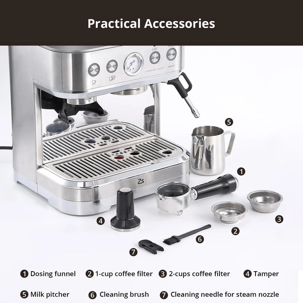 Espresso Machine with Built-in Grinder,Italian ULKA 15 Bar Espresso Machine - 85oz Water Tank, Dual PID Control, Milk Frother & Auto-Cleaning for Perfect Lattes and Cappuccinos