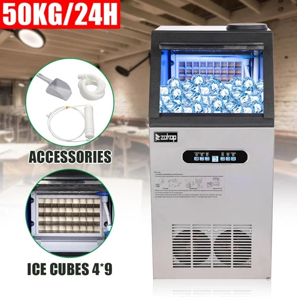 ZK-110 Commercial Ice Maker Machine - 120V 110lbs/24h Stainless Steel with Transparent Lid, 4x9 Aluminum Tray for Restaurants, Bars, Hotels (Silver)