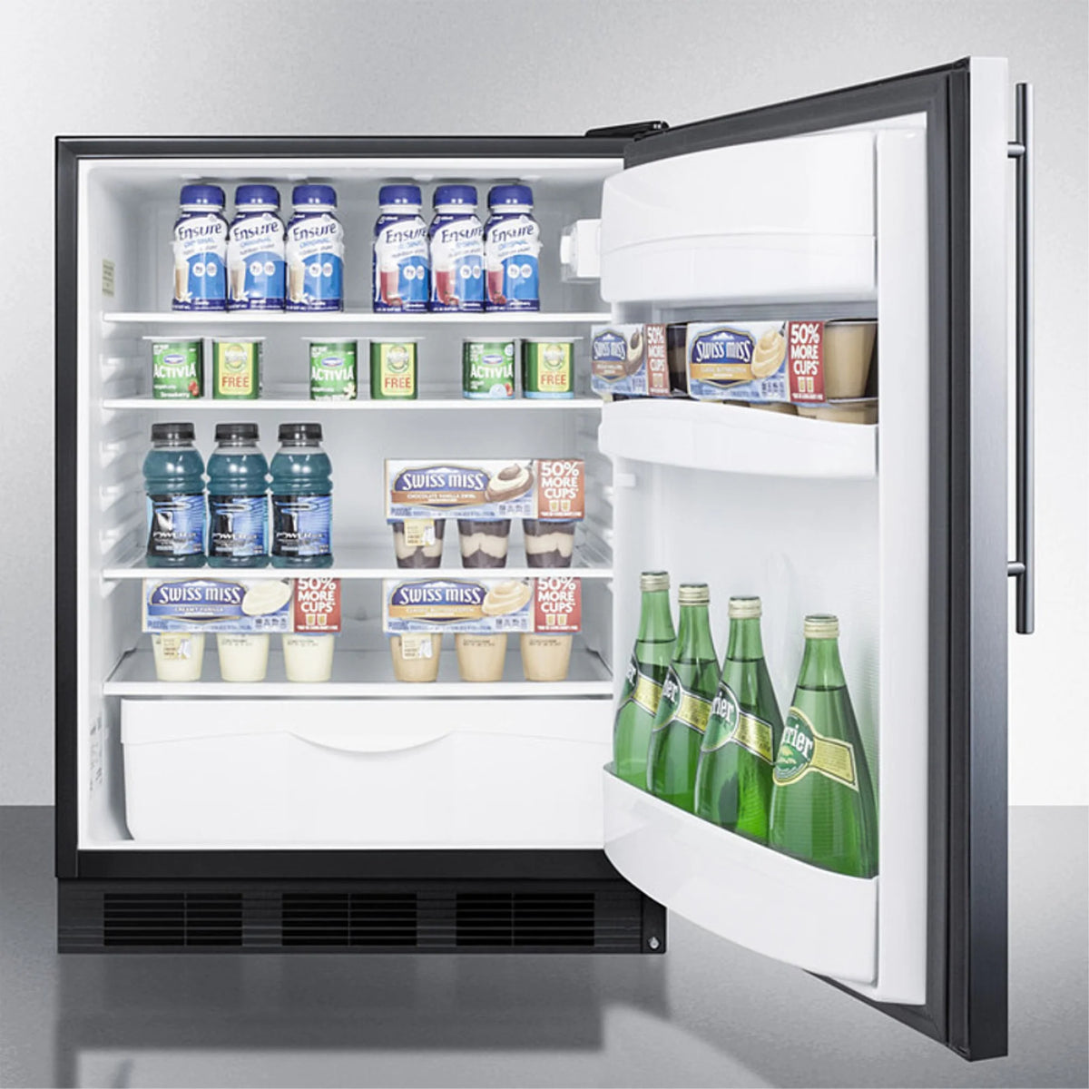 ADA compliant all-refrigerator for built-in general purpose use, auto defrost w/stainless steel wrapped door, thin handle, and black cabinet
