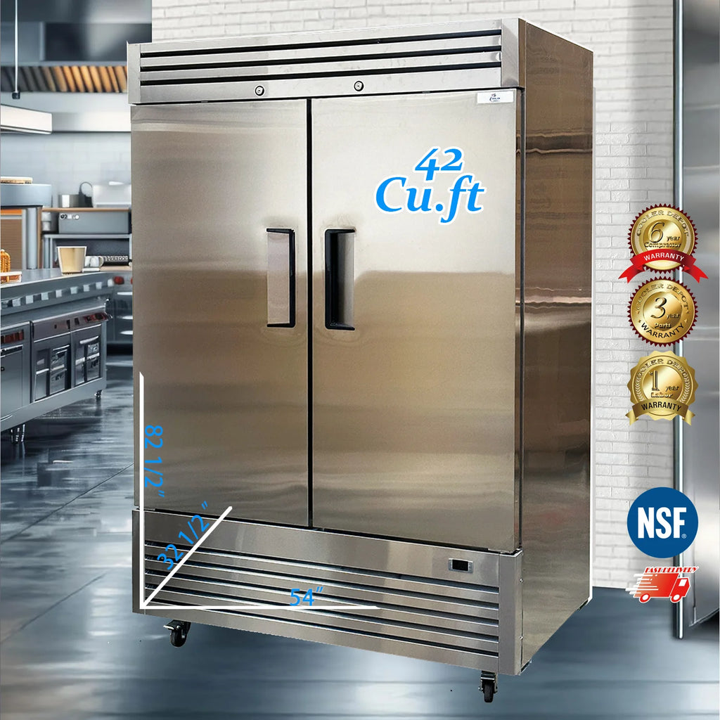 Commercial Reach in Refrigerator, 54" x 32" x 81 3/8", 42 Cubic Ft, Double Door Stainless Steel Fridge, for Restaurant