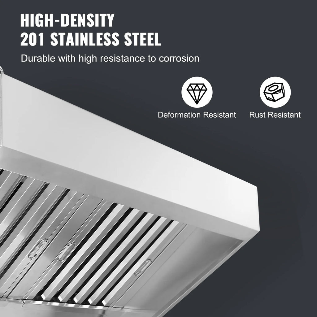 KFFKFF 8FT Range Hood, Stainless Steel Commercial Exhaust Hood, with Rust-Proof Construction and 4 Removable U-shaped Oil Filtration Meshes, Designed for Food Trucks and Concession Trailers
