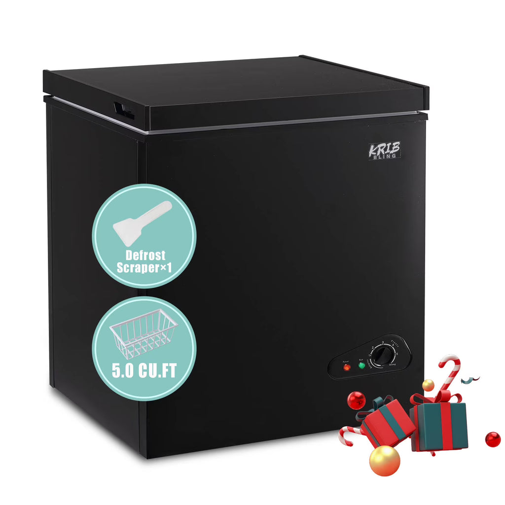 Krib B 3.5 Cu.Ft Chest Freezer with 7 Gears Temperature Adjustment, Deep Compact Freezer with a Removable Basket, Suitable for Kitchen, Garage, Basement, Black
