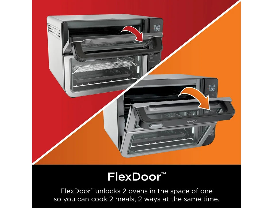 Restored Ninja 10-in-1 Air Fryer, Double Door Toaster Oven with FlexDoor, FlavorSeal & Smart Finish, Rapid Top Convection and Air Fry Bottom, Bake, Toast, Air Fry, Pizza and More, Stainless Steel, DCT400 (Refurbished)