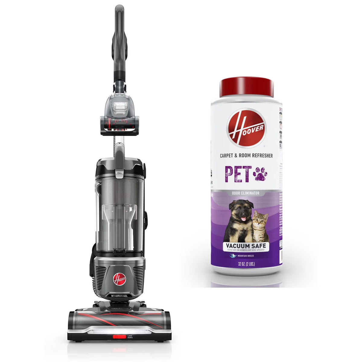 Hoover Upright Vacuum, WindTunnel Tangle Guard, Bagless, with Swivel Steering, Hard Floor and Carpet, Crevice Tool, Dusting Brush, Turbo Tool, LED headlights, UH77110, Black