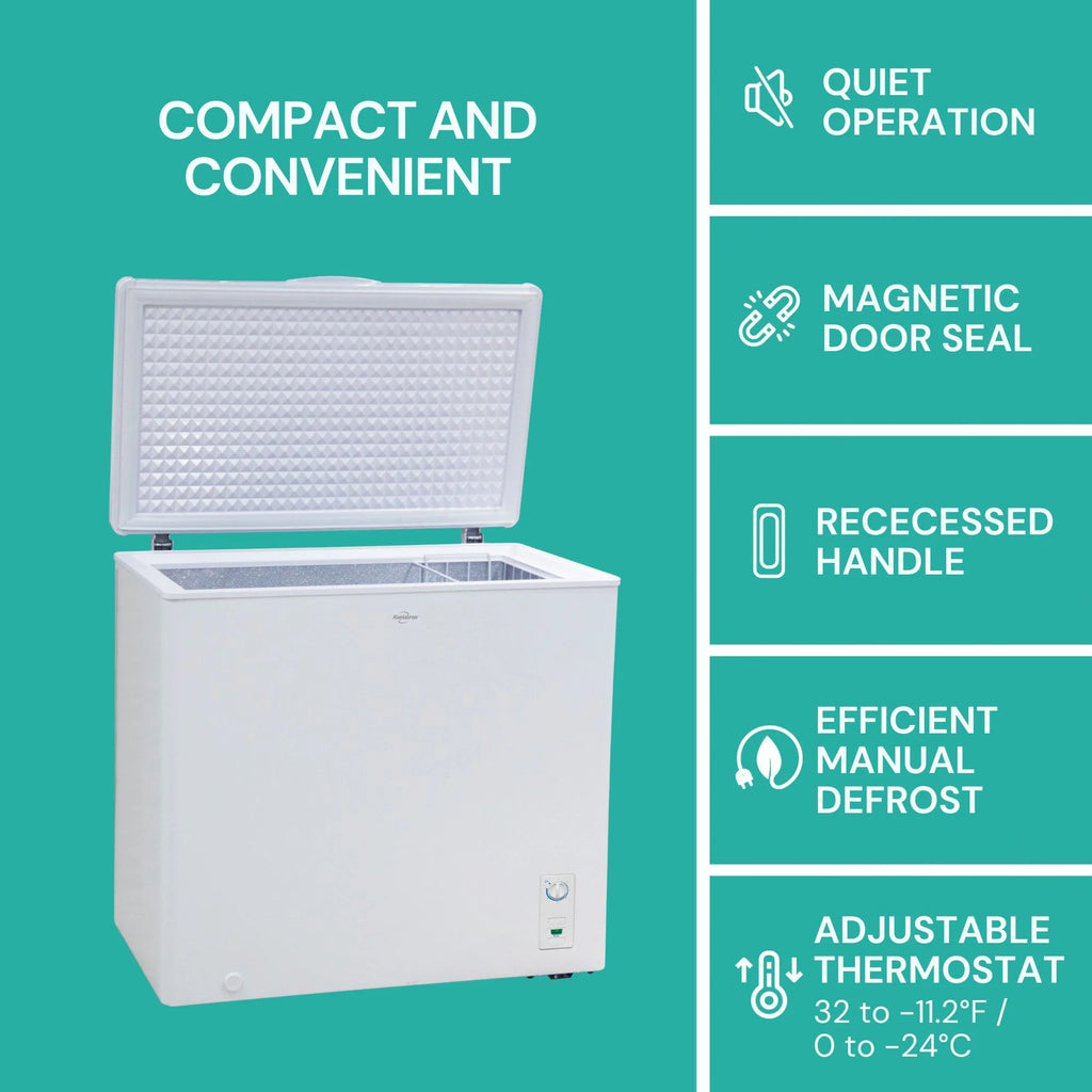 Koolatron Large Chest Freezer, 7.0 cu ft (195L),Manual Defrost Deep Freeze, Storage Basket, Space-Saving Flat Back, Stay-Open Lid, Front-Access Drain, White