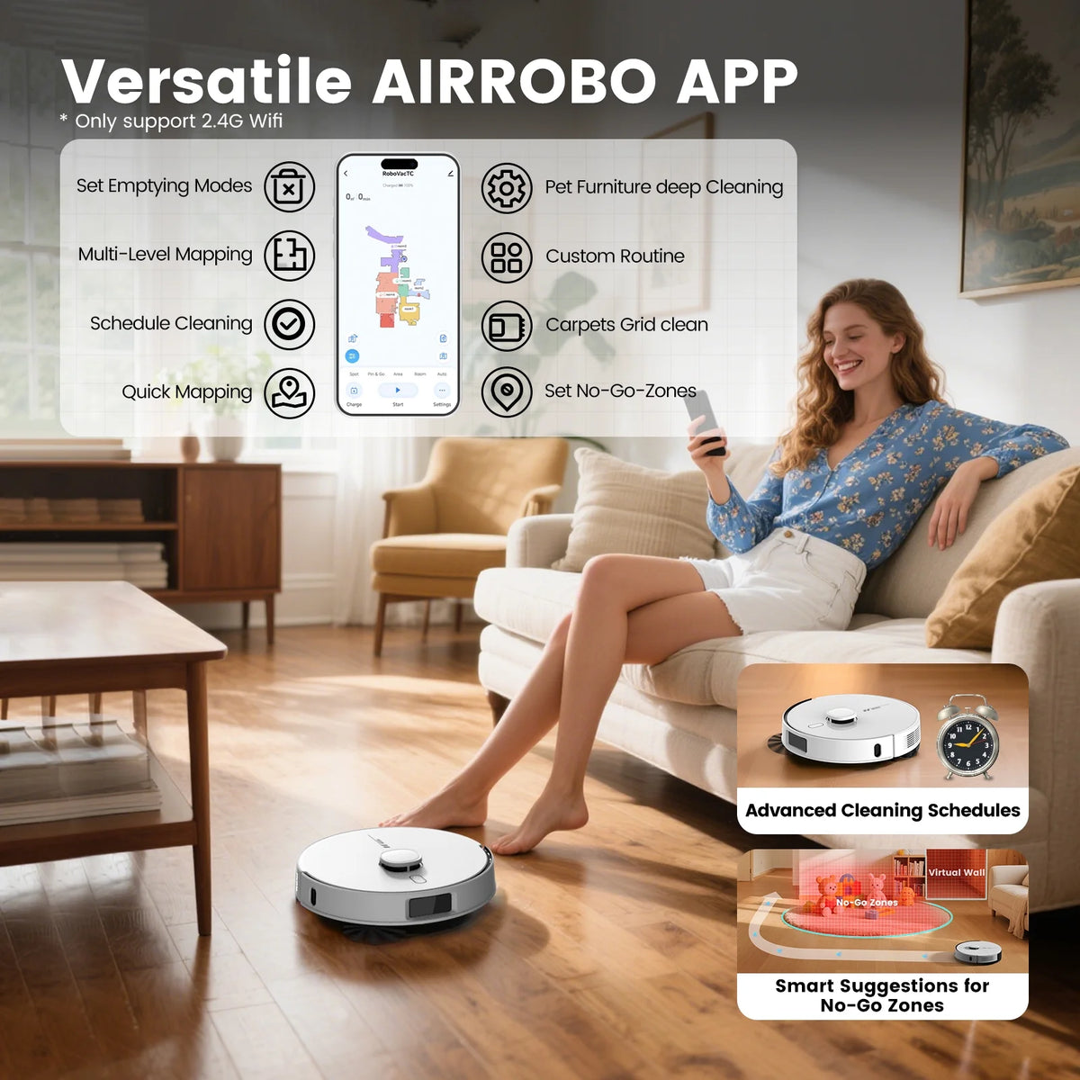 AIRROBO L60+ Self-Empty Robot Vacuum and Mop Cleaner with Ultrasonic Carpet Detection,6000Pa Suction,Laser Obstacle Avoidance,240min Long Runtime