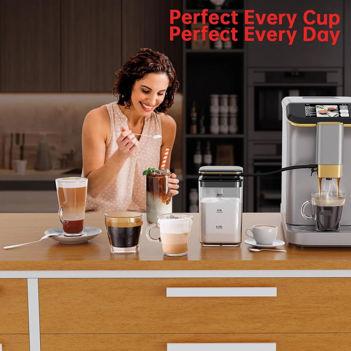 Full Automatic Espresso Machine with Built-In Grinder & Milk Frother - FTF Touchscreen Coffee Maker for Latte/Cappuccino, 20 Bar Pressur & 1.5L Water Tank, 1350W, Grey