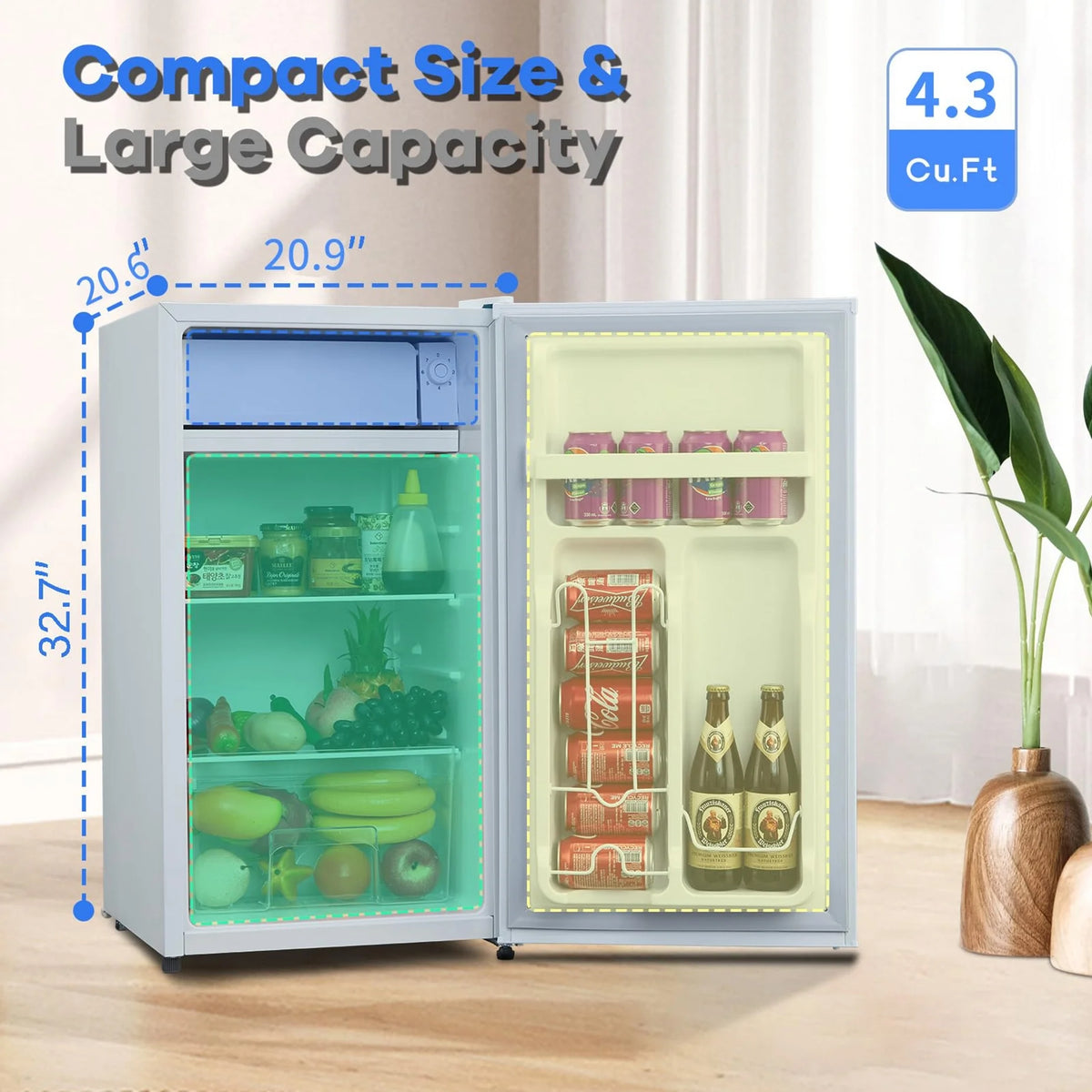 Adoolla 4.3 Cu.Ft. Single Door Mini Refrigerator with Top Freezer and 7 Adjustable Temperature Settings