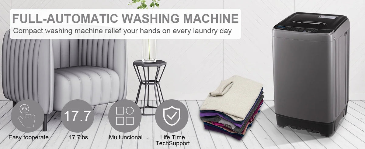 17.7 lbs Full Automatic Washing Machine with LED Display Compact Washing Machine with Drain Dump, 10 Wash Programs and 8 Water Levels Ideal for Dorms, Apartments, Grey