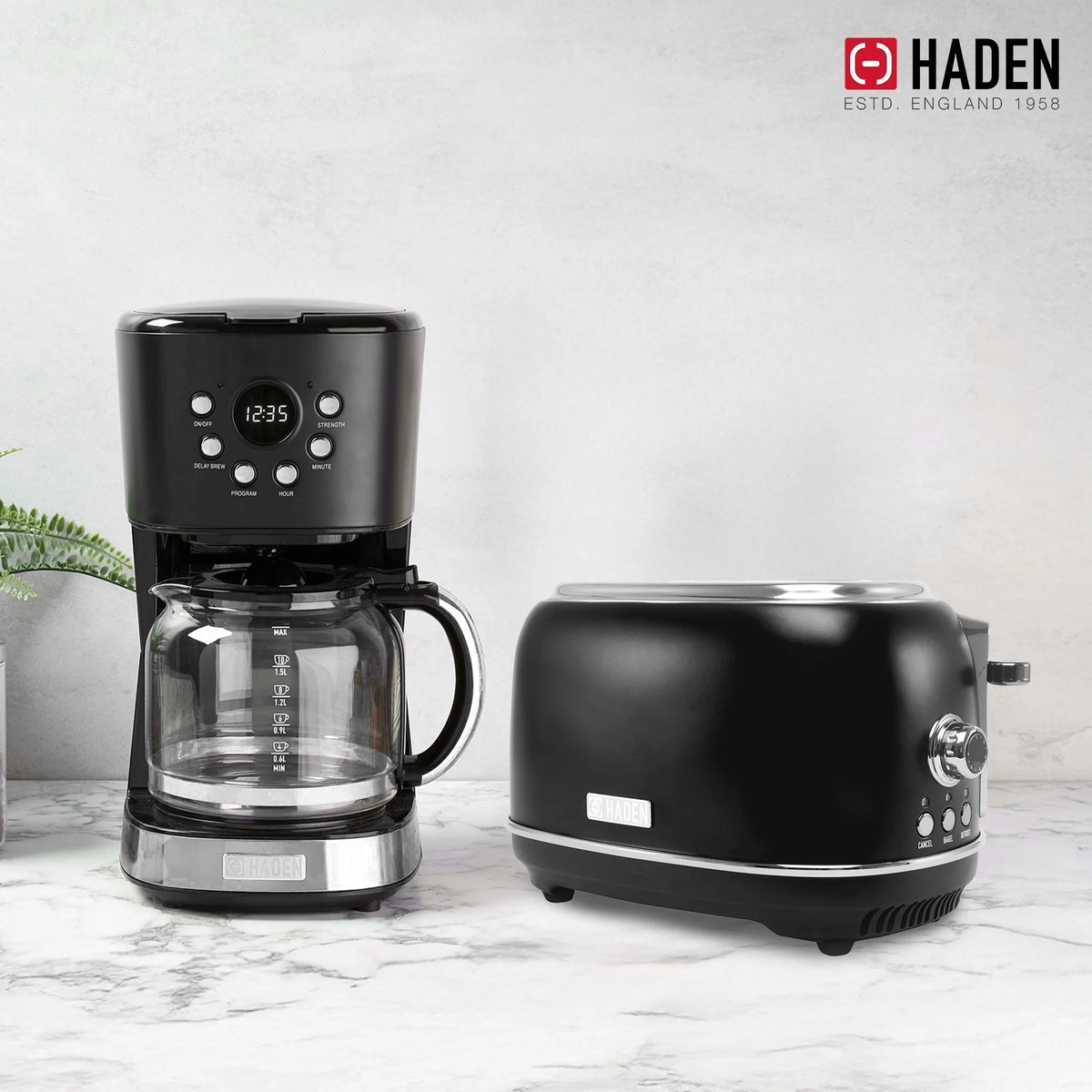 Haden 12 Cup Coffee Maker with 2 Slice Stainless Steel Bread Toaster, White