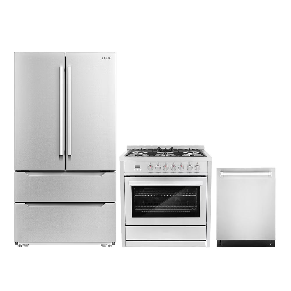 Cosmo 3 Piece Kitchen Appliance Package with 36" Freestanding Dual Fuel Range Kitchen Stove 24" Built-in Fully Integrated Dishwasher & French Door Refrigerator Kitchen Appliance Bundles
