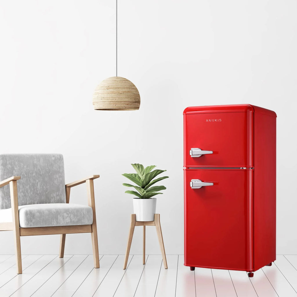 KRIB BLING 3.2 Cubic Feet Double Door Mini Fridge with Freezer, Mini Compact Refrigerator 2 Doors for Dorm, Office, Apartment, RV, Bedroom, Black
