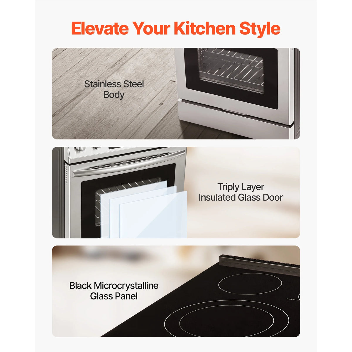 KFFKFF 30-Inch Electric Range Oven, 4.8 Cu. Ft. Freestanding Stainless Steel Stove, Features 5 Burners, Timer, Self-Cleaning, Air Fry Function, Adjustable Racks, and Storage Drawer, Silver