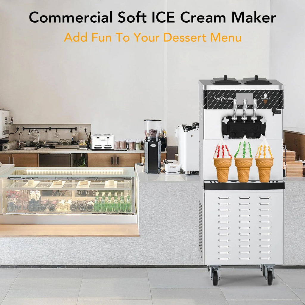 Entcook 3 Flavors Commercial Ice Cream Maker, 5.8-8 Gal/H Countertop Soft Serve Ice Cream Yogurt Machine with LCD Display