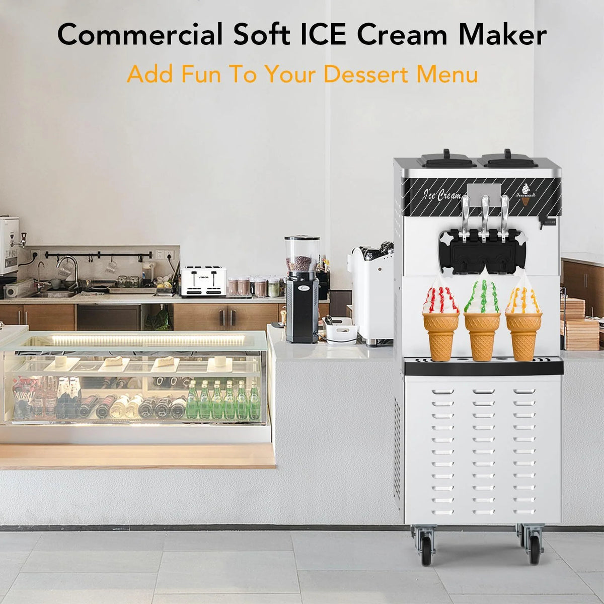 Entcook 3 Flavors Commercial Ice Cream Maker, 5.8-8 Gal/H Countertop Soft Serve Ice Cream Yogurt Machine with LCD Display