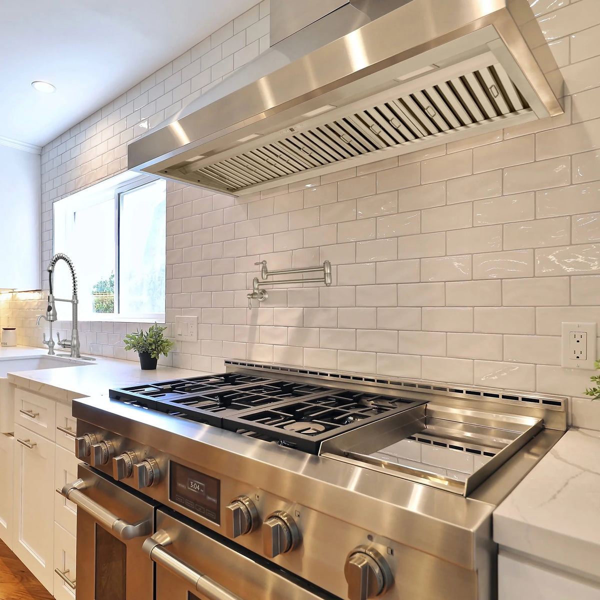 Akicon 48 Inch Range Hood Insert, Stainless Steel 8" Ducted Insert/Built-in Kitchen Vent Hood with 1200 CFM Suction, Dimmable LED Lights and Dishwasher Safe Filters, 4 Speed-Cool White
