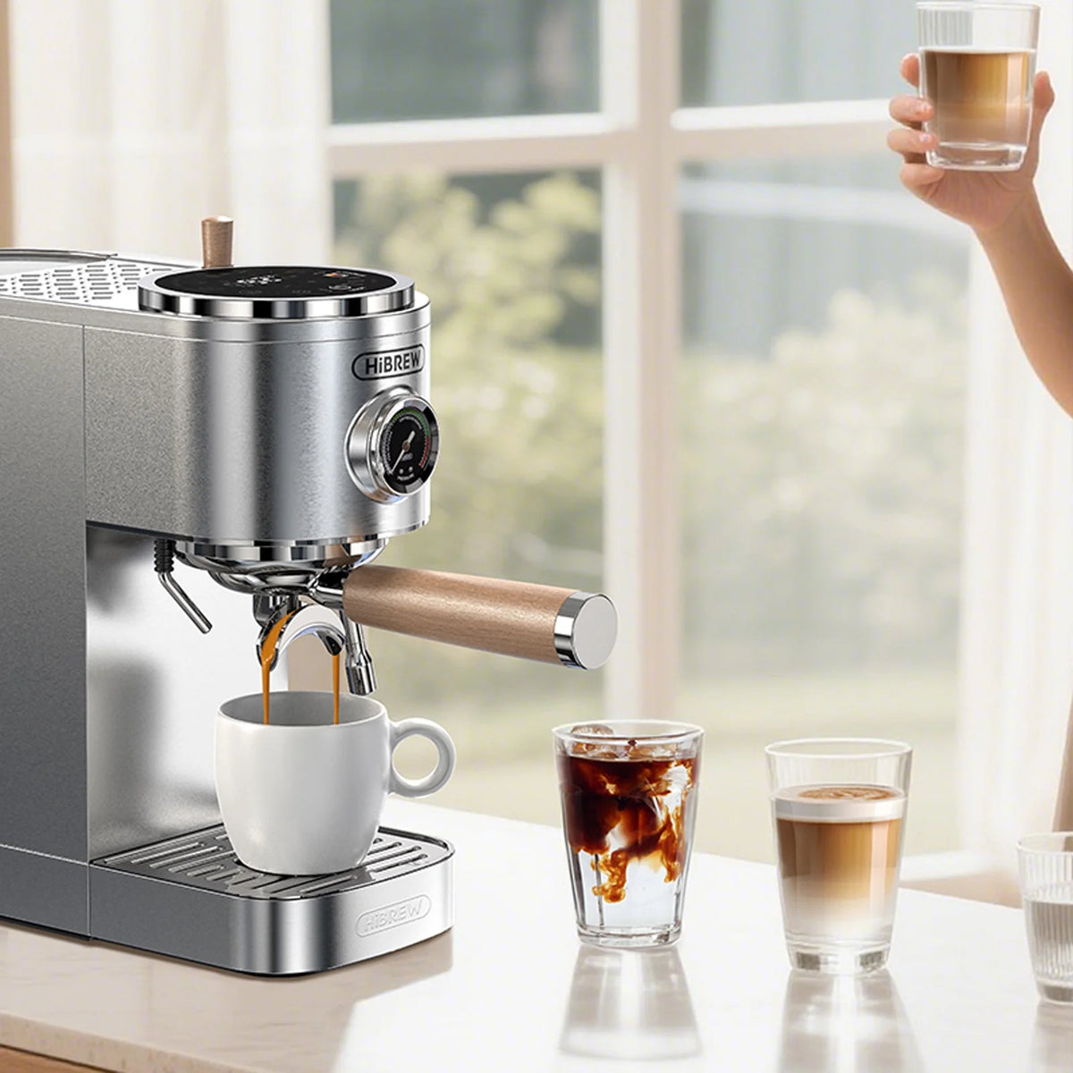 HiBREW H13 Semi-Automatic Espresso Maker - 6 Programmable Drink Modes, 1.3L Water Tank & Adjustable Pre-Infusion