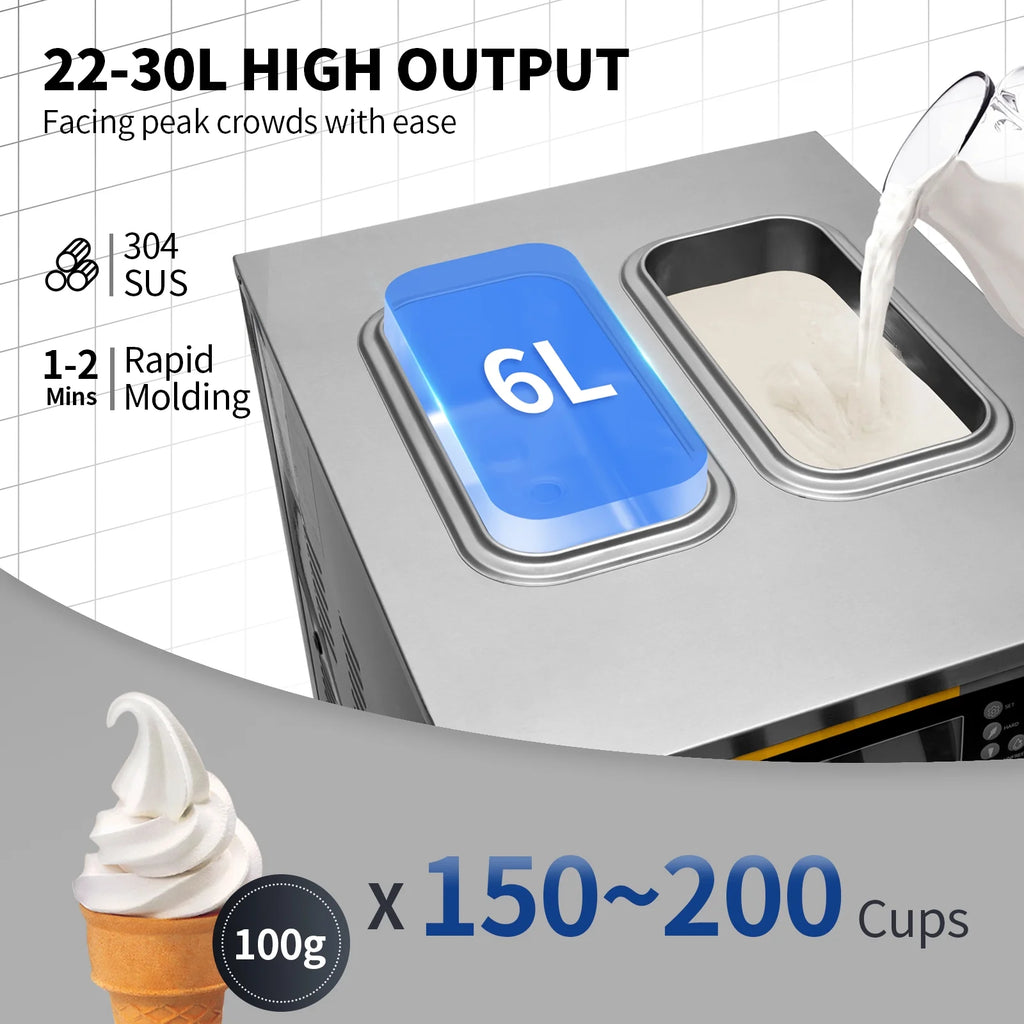 BENTISM Commercial Ice Cream Maker, 22-30L/H Yield, 2350W Countertop Soft Serve Machine w/ 2x6L Hopper 2L Cylinder LCD Panel Puffing Shortage Alarm, Frozen Yogurt Maker for Restaurant Snack Bar