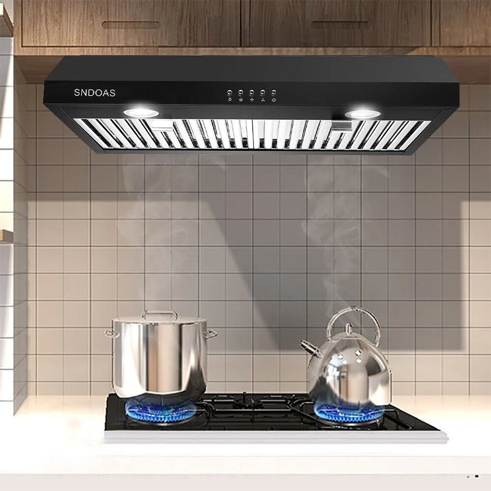 Range Hood 30 inch Under Cabinet,Black Stainless Steel Range Hood with 500 CFM,Ductless Range Hood Black,Kitchen Vent Hood 30 inch with 3 Way Venting,Baffle Filters,LED Light