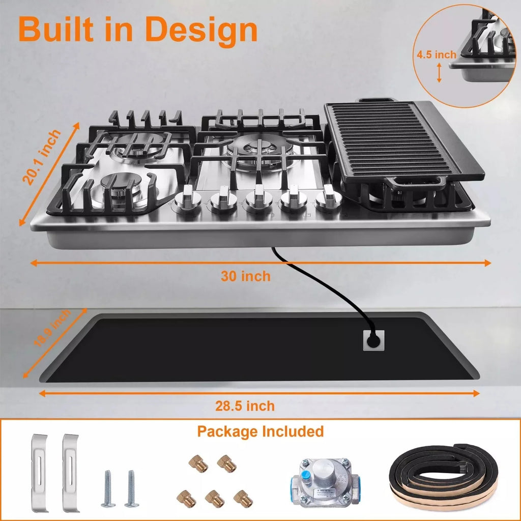 Amzgachfktch 5 Burners Stove 30 inch Gas Cooktop NG/LPG Stainless Steel Built-in with Grill