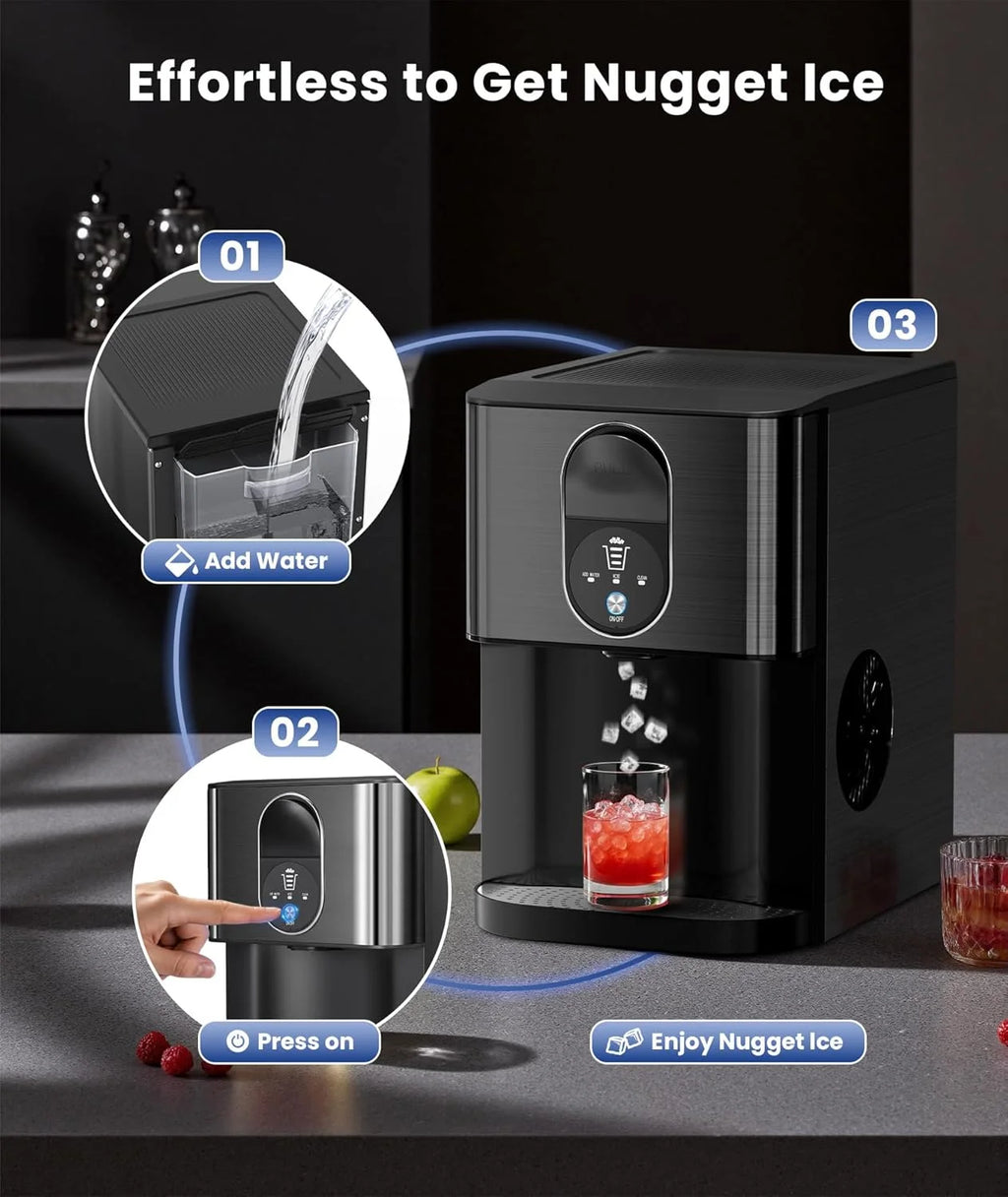 Moifoi Nugget Ice Maker,Culb in 6Mins, 44 lbs/24 H, Auto-Cleaning Portable Ice Machine with Basket & Scoop, Black