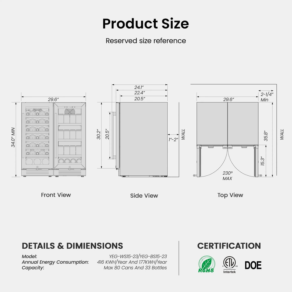Yeego 30" Wine and Beverage Refrigerator,Two 15" Wine and Beverage Cooler Under Counter or Freestanding, Hold 33 Bottles and 80 Cans(Two Pack)